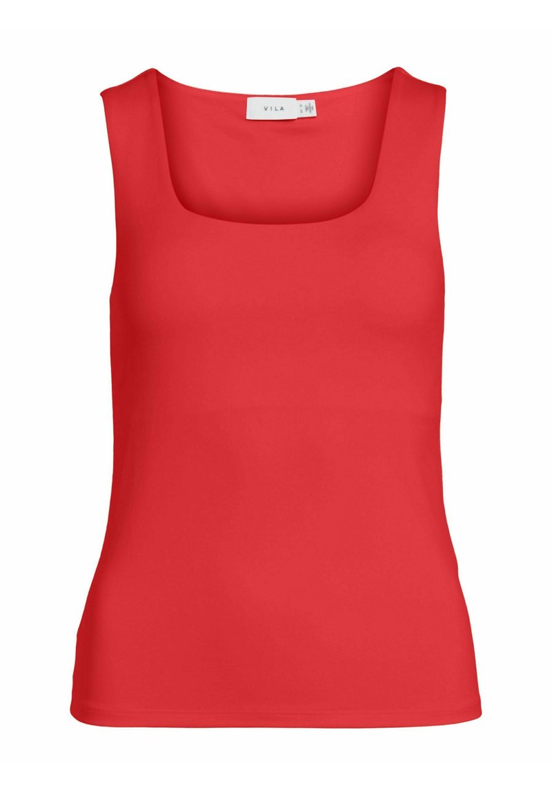 Czerwony top na ramiączkach o kwadratowym dekolcie, wykonany z gładkiego materiału, charakteryzujący się prostym wzornictwem, bez ozdób.