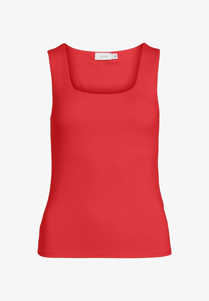 Czerwony top na ramiączkach o kwadratowym dekolcie, wykonany z gładkiego materiału, charakteryzujący się prostym wzornictwem, bez ozdób.