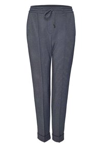 Pantalon gris foncé fuselé avec taille à cordon, poches latérales et ourlets retroussés.