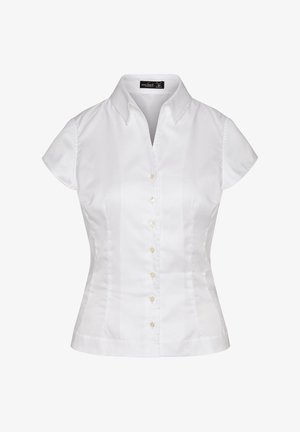 Weißes kurzärmliges Blusenoberteil mit einem Kragenhals, vorderer Knopfverschluss und taillierter Form. Aus glattem Stoff mit dezenter glänzender Optik gefertigt.