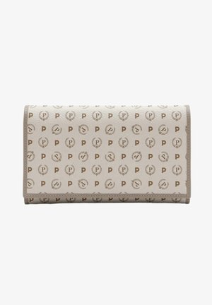 Portafoglio beige in pelle goffrata con un motivo ripetuto di "P" e accenti di alloro. Design piegato con una texture liscia.