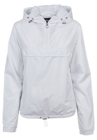 White pullover jacket made of lightweight material features a half-zip front, adjustable hood, and elasticated cuffs with a drawstring hem.