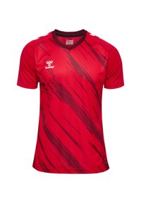 Röd sporttröja med V-ringning, med mörkröda diagonala randmönster, logo på vänster bröst och korta ärmar. Tillverkad av slät tyg.