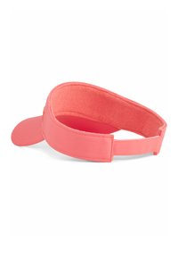 Koralfarvet kasket med buet skygge. Lavet af letvægtsstof med blød inderside, og har en justerbar velcro-rem bagpå.