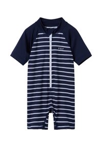 Merihenkinen, lyhythihainen uimapuku, jossa on valkoisia vaakaraitoja ja etuvetoketju. Varustettu puolikorkealla kauluksella ja polvipituisella muotoilulla, valmistettu venyvästä kankaasta.