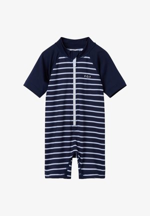 Maillot de bain à manches courtes bleu marine avec des rayures horizontales blanches et une fermeture éclair à l'avant. Présente un col montant et un design longueur genou, fabriqué à partir d'un tissu extensible.