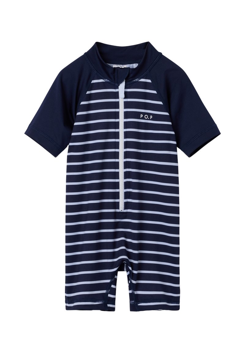 Merihenkinen, lyhythihainen uimapuku, jossa on valkoisia vaakaraitoja ja etuvetoketju. Varustettu puolikorkealla kauluksella ja polvipituisella muotoilulla, valmistettu venyvästä kankaasta.