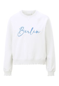 Felpa bianca con testo blu in corsivo 'Berlin'. Ha un collo rotondo, orlo a coste e polsini texturizzati con un bordo ondulato.