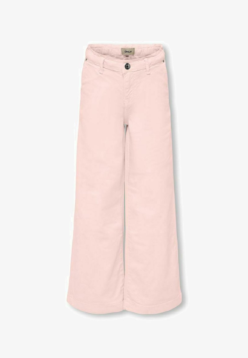 Svijetlo ružičaste široke hlače s dugmadi, petljama za pojas i prednjim džepovima. Izrađene su od glatkog materijala s urednim završetkom.