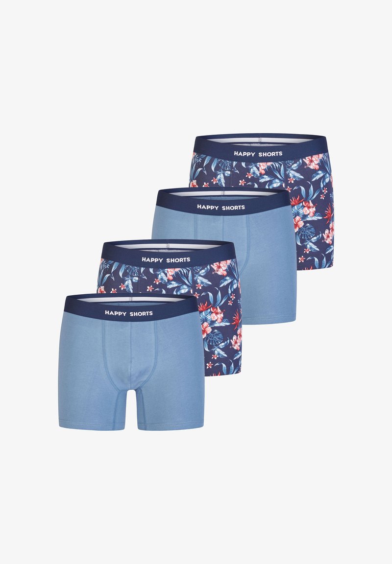 Cztery pary bokserek, w tym jedna w jednolitym jasnoniebieskim kolorze oraz trzy pary z kwiatowymi wzorami na ciemnoniebieskiej gumce z napisem "HAPPY SHORTS."