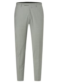 Lichtgrijze dresspants met een gladde textuur, op maat gemaakt, vlakke voorkant en riemlussen, met subtiele geruite patroon details.