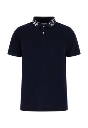 Polo bleu marine à manches courtes avec deux boutons sur le devant et le logo "GUESS" sur le col.