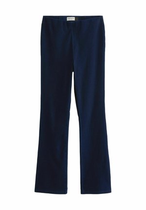 Pantalons évasés bleu marine en tissu doux au toucher lisse. Dotés d'une ceinture large et sans fermetures ni poches visibles.