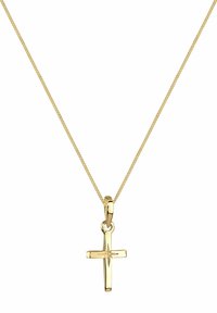 Gold cross pendant necklace on a thin chain. The cross has a polished finish with subtle texture and a loop for attachment, enhancing its design.