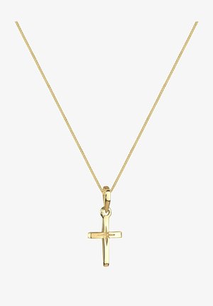 Colier cu pandantiv în formă de cruce din aur, montat pe un lanț subțire. Crucea are o finisare lustruită cu o textură subtilă și o buclă pentru prindere, îmbunătățind designul său.
