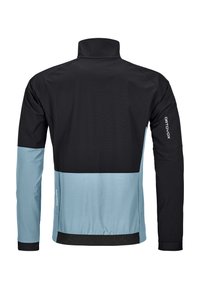 Black and blue two-tone jacket with a high collar, long sleeves, and elastic waistband. Features smooth fabric texture and logo detail.
