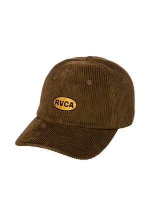 Cappellino da baseball in velluto a coste marrone con visiera curva e toppa ovale gialla con le lettere RVCA sul pannello frontale.