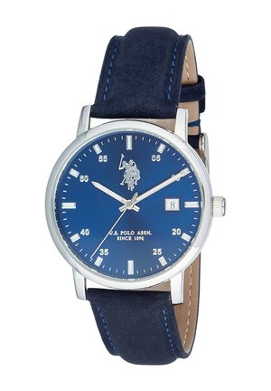 Orologio da polso U.S. Polo Assn. con quadrante blu, cassa argentata, visualizzazione della data alle 3 e cinturino in pelle blu scuro con cuciture blu.