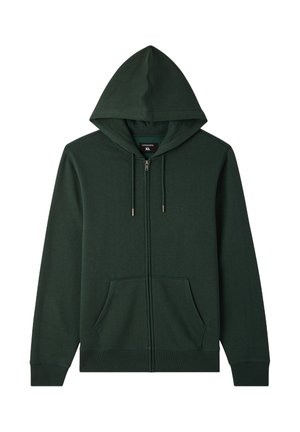 Zielona bluza z kapturem na zamek błyskawiczny, z przednimi kieszeniami i ściągaczami na rękawach. Miękki materiał z minimalnymi detalami szycia, dostępna w rozmiarze XL.