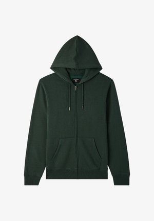 Zielona bluza z kapturem na zamek błyskawiczny, z przednimi kieszeniami i ściągaczami na rękawach. Miękki materiał z minimalnymi detalami szycia, dostępna w rozmiarze XL.