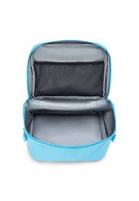 Borsa blu con zip e superficie lucida, dotata di un interno grigio foderato, due scomparti e una tasca in rete per un'organizzazione ottimale.