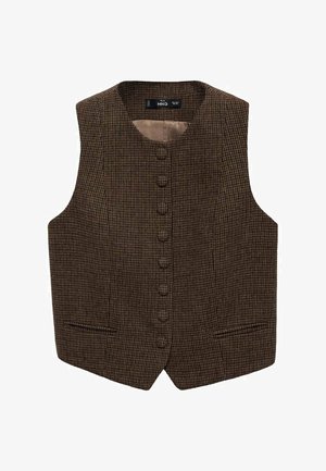 Brown houndstooth vest with a high neckline, multiple front buttons, and side pockets. Smooth inner lining enhances comfort.