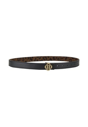 Black leather belt with gold geometric buckle and leopard print inner lining, shown flat on white background.