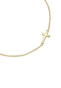 Auksinė grandinėlė su centriniu kryžiaus pakabuku. Grandinėlė turi mažus, apvalius akordus ir glaustą, poliruotą paviršių.