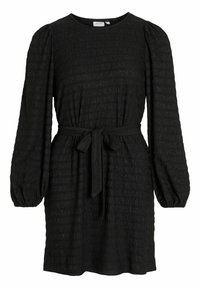 Vestido negro con una tela texturizada, mangas largas abullonadas, cuello redondo y un lazo en la cintura para un ajuste ceñido. Adecuado para diversas ocasiones.