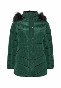 Grön vadderad jacka med hög krage, pälsdetalj på huvan, fickor med dragkedja på sidorna och zigzag-quiltingmönster. Slät, blankt tyg.