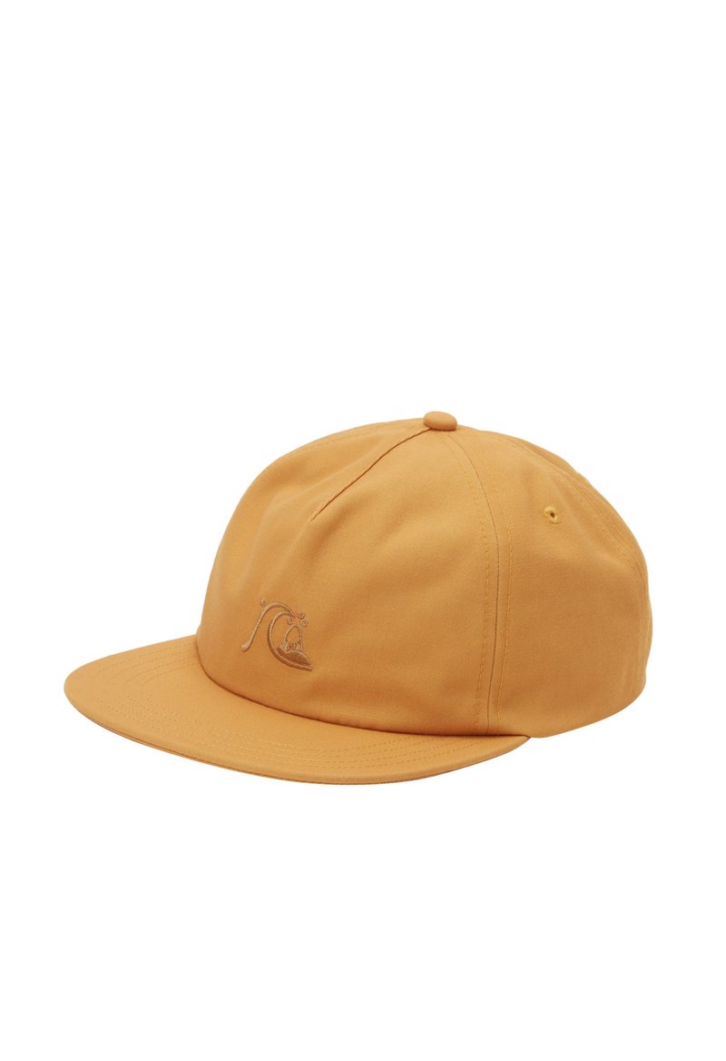 Sennepsgul baseball cap med broderet bølge-logo på frontpanelet, struktureret seks-panel design og flad skygge.