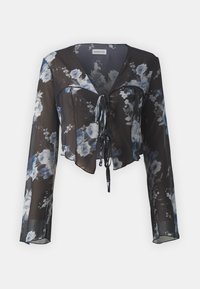 Schwarze, langärmlige Bluse aus transparentem Material mit blauen Blumenmustern, V-Ausschnitt, vorn zum Binden und kürzerem Schnitt. Glatte Textur.