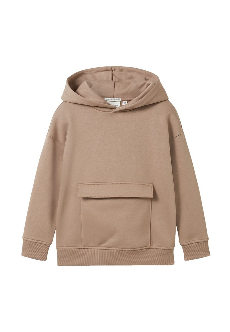 Beige hoodie gemaakt van zacht stof, met een voorste kangoeroe-zone en ribgebreide manchetten en onderkant. Eenvoudig ontwerp en relaxte pasvorm.
