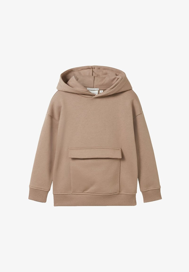 Felpa beige con cappuccio realizzata in morbido tessuto, dotata di una tasca a marsupio frontale e polsini e orlo a costine. Design semplice e vestibilità rilassata.