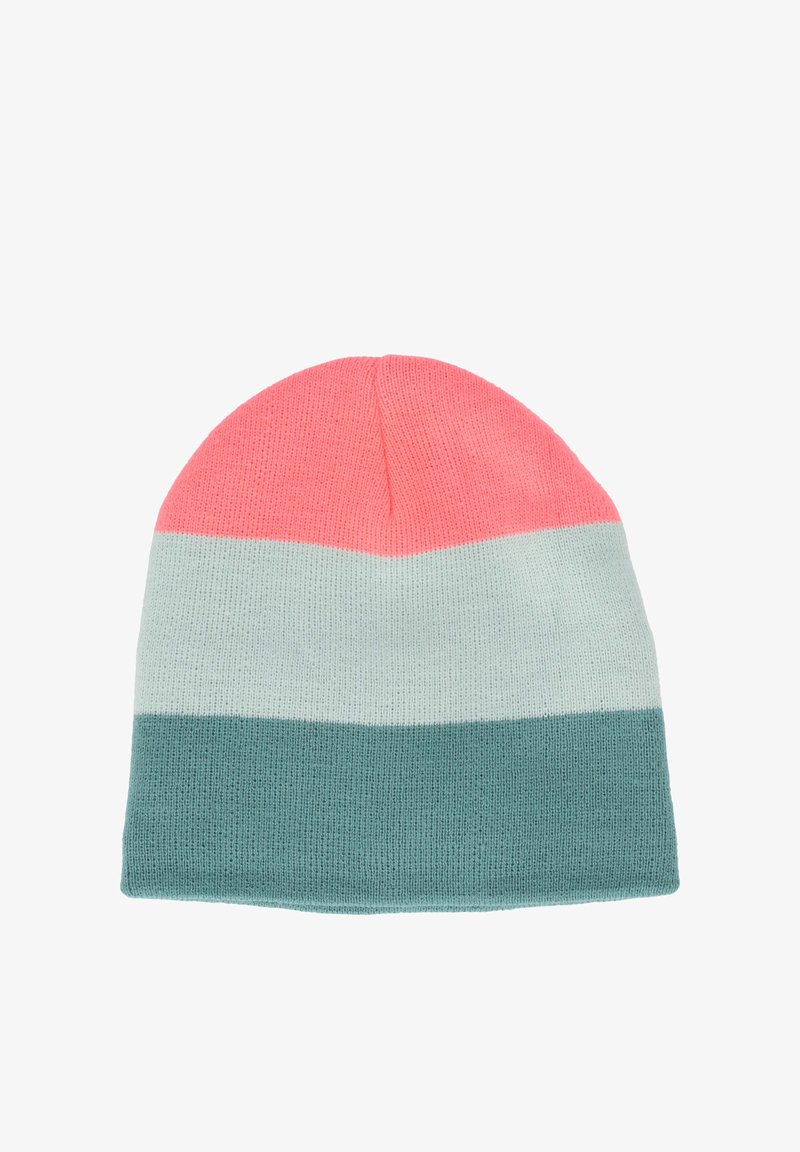 Strikket hue med tre vandrette striber: øverste i klar pink, midterste i lys grå, nederste i teal grøn. Blød tekstur.