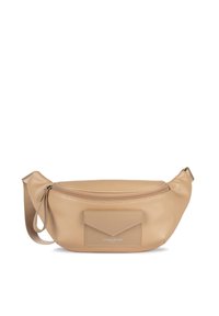 Borsa a tracolla in pelle beige con design curvo, chiusura con zip e tasca anteriore. Presenta una superficie liscia e un'accensione di marca.