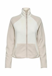 Chaqueta de forro polar en crema y beige claro, con cuello alto, cremallera completa frontal y dos bolsillos delanteros. Textura suave con mangas ranglán.
