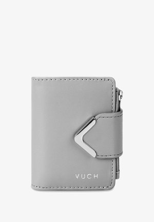 Graue Lederbrieftasche mit Reißverschluss, verziert mit einem silbernen Akzent und geprägt mit dem "VUCH"-Logo. Kompakte rechteckige Form mit genähten Kanten.