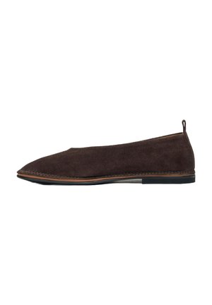 Brown suede slip-on shoe with a pointed toe, minimal stitching, and a thin rubber sole. Features a small heel tab on the back.