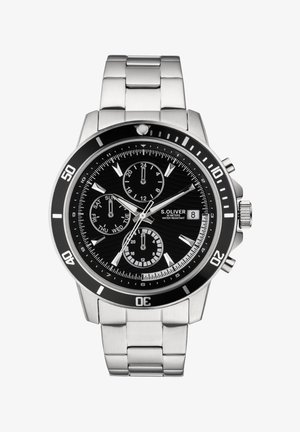 Silver stainless steel watch with a black dial. Features include three sub-dials, a date display, and a rotating bezel. Water-resistant up to 60 meters.