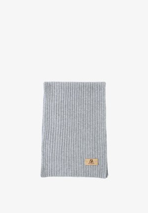 Gray ribbed knit scarf featuring a leather label at the bottom. The fabric appears soft and textured, suitable for cold weather.