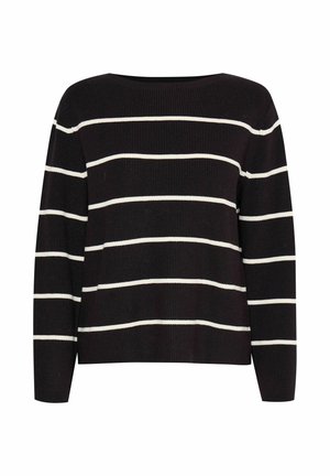 Suéter de rayas blancas y negras con un corte holgado, textura acanalada, escote amplio y mangas largas.