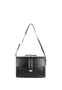 Black leather messenger bag with a flap closure, silver clasp, adjustable strap, and a textured finish. Features a top handle for easy carrying.