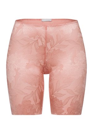 Roze bloemkant shorts met een gladde textuur, gekenmerkt door een uitgebreid bloemenpatroon en een aangesloten ontwerp. Rekbaar materiaal voor comfort.