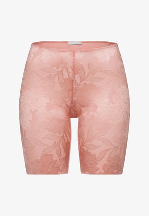 Różowe szorty koronkowe z kwiatowym wzorem, o gładkiej fakturze i dopasowanym kroju. Elastyczny materiał zapewnia komfort.