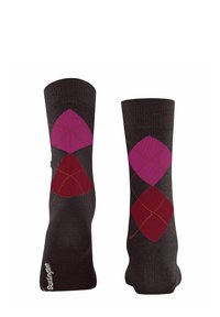 Calze marroni con un motivo a diamante in rosa, rosso e arancione, con una fascia a coste e una consistenza morbida. Logo del marchio sul lato.