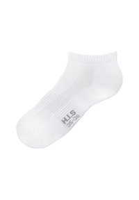 White ankle sock made of a smooth cotton blend. Features a textured panel and reinforced toe. Brand name printed in gray on the side.