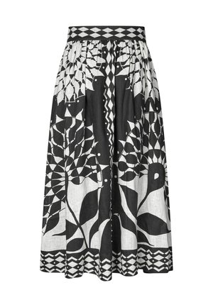 Crno-bijela suknja s uzorkom s cvjetnim i geometrijskim dizajnom, nabrana u struku, s ukrasnim rubom u dijamantnom uzorku.