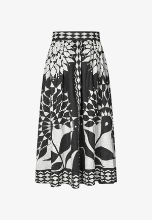 Spódnica w czarno-białe wzory z kwiatowymi i geometrycznymi motywami, zgromadzona w talii, z dekoracyjną krawędzią w romby.