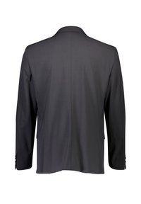 Grijze blazer met een gestructureerd ontwerp, enkele ventilatie achter en slanke revers. Voorzien van knoopmanchetten en een gladde stoftextuur.